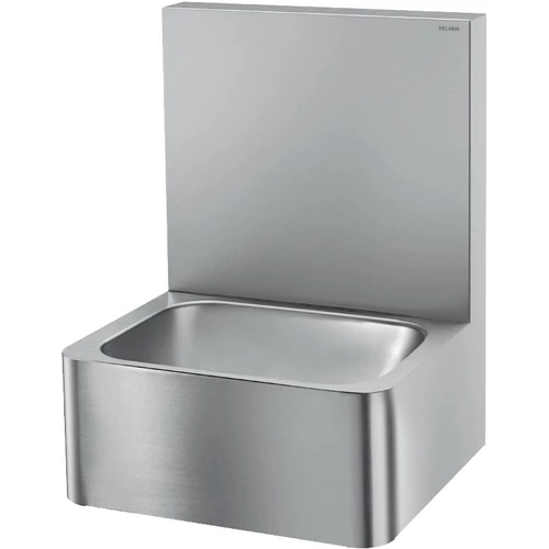 DELABIE kézmosó medence magas hátfallal egészségügyi területekre, csapfurat nélkül, egy állásos 500mm, r.m. acél