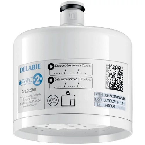 DELABIE BIOFIL steril végponti szűrő mosdócsapra esőztető kifolyóval, PE szűrőrostok, 0.1μm névleges, 0.2μm abszolút szűrés, 6000L, vagy max. 2 hónap szűrőkapacitás