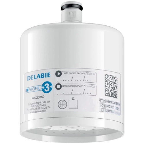 DELABIE BIOFIL steril végponti szűrő mosdócsapra esőztető kifolyóval, PE szűrőrostok, 0.1μm névleges, 0.2μm abszolút szűrés, 9000L, vagy max. 3 hónap szűrőkapacitás