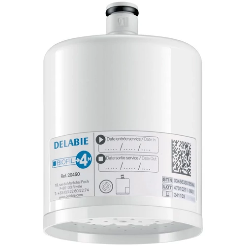 DELABIE BIOFIL steril végponti szűrő mosdócsapra esőztető kifolyóval, PE szűrőrostok, 0.1μm névleges, 0.2μm abszolút szűrés, 12000L, vagy max. 4 hónap szűrőkapacitás