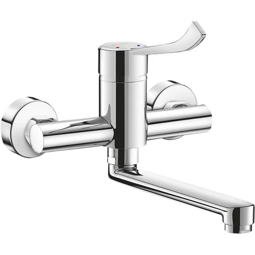 DELABIE SECURITOUCH szigetelésű fali mosogató csap 200mm lengő kifolyóval, L=150mm-es orvosi keverőkarral, BIOFIL szűrőfej előkészítéssel