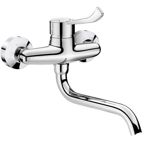 DELABIE fali mosogató csaptelep hosszú keverőkarral, lengő kifolyóval, L=200mm, STOP/CHECK takarótárcsákkal, ipari vízátfolyás, 26L/p