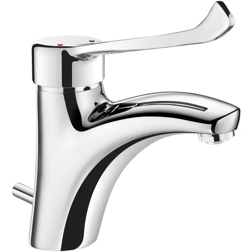 DELABIE orvosi karos álló csap 135mm fix kifolyóval, hosszú keverőkar L=150mm, H=85mm, 5L/p, leeresztőszeleppel