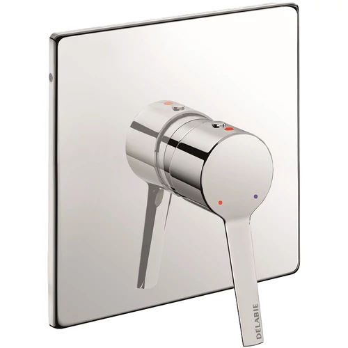 DELABIE beépített zuhanycsaptelep előlap EP forrázásgátlós, teli karos keverővel, falon belüli vízkivezetéssel, hőmérséklet-határolóval, 160x160mm, r.m. acél, fényes, 9L/p, kit 2/2