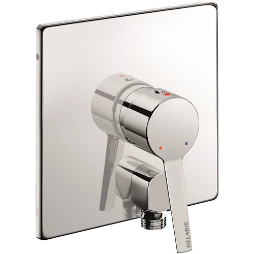 DELABIE beépített zuhanycsaptelep előlap EP forrázásgátlós, teli karos keverővel, falon kívüli könyök vízkivezetéssel, hőmérséklet-határolóval, 160x160mm, r.m. acél, fényes, 9L/p, kit 2/2