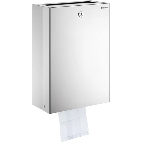 DELABIE kombinált 9L intim hulladékgyűjtő és higiénés tasak adagoló, kulccsal zárható, r.m. acél, fényes