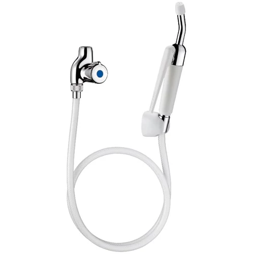 DELABIE ágytál mosó zuhanyszett elzárócsappal, nyomógombos öblítő zuhannyal, egyenes kifolyóval, fali akasztókonzollal, 800 mm-es PVC tömlővel, kevert vízre