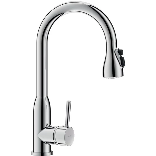 DELABIE álló mosogató csaptelep hattyúnyakú lengő kifolyóval, kihúzható fejjel, vízsugár, vagy zuhany mód, H=408mm, L=200mm, 5L/p