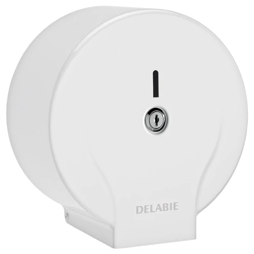 DELABIE vandálbiztos nagytekercses WC-papír adagoló L=200m/D=185mm JUMBO MINI tekercshez, hézagmentes, egyrészes test, acél, lakkozott fehér