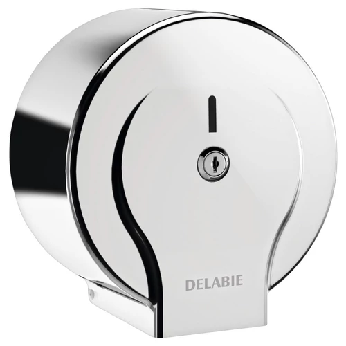 DELABIE vandálbiztos nagytekercses WC-papír adagoló L=200m/D=185mm JUMBO MINI tekercshez, hézagmentes, egyrészes test, r.m. acél, fényes
