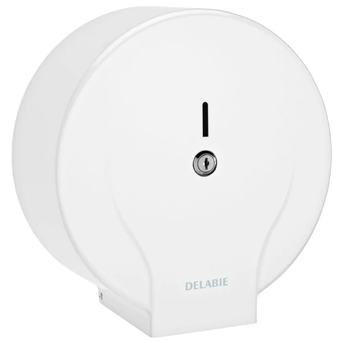 DELABIE vandálbiztos nagytekercses WC-papír adagoló L=400m/D=270mm JUMBO MAXI tekercshez, hézagmentes, egyrészes test, acél, lakkozott fehér