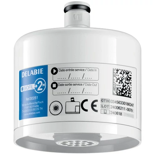 DELABIE BIOFIL nem-steril végponti szűrő mosdócsapra egyenes vízsugárvetővel, PE szűrőrostok, 0.1μm névleges, 0.2μm abszolút szűrés, 6000L, vagy max. 2 hónap szűrőkapacitás