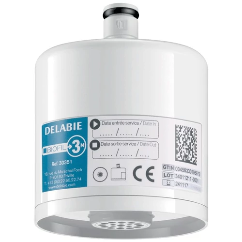 DELABIE BIOFIL nem-steril végponti szűrő mosdócsapra egyenes vízsugárvetővel, PE szűrőrostok, 0.1μm névleges, 0.2μm abszolút szűrés, 9000L, vagy max. 3 hónap szűrőkapacitás