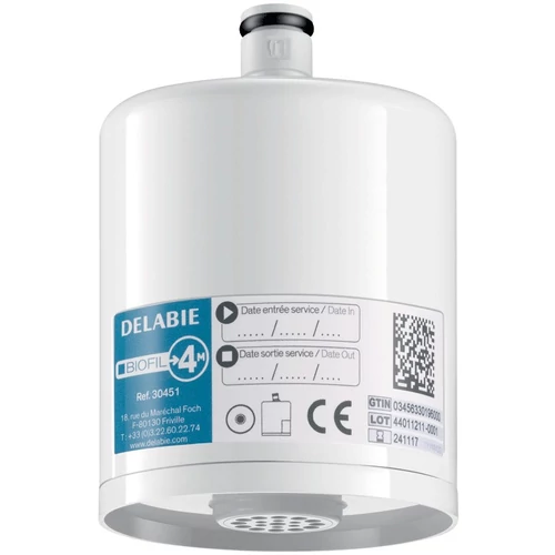 DELABIE BIOFIL nem-steril végponti szűrő mosdócsapra egyenes vízsugárvetővel, PE szűrőrostok, 0.1μm névleges, 0.2μm abszolút szűrés, 12000L, vagy max. 4 hónap szűrőkapacitás
