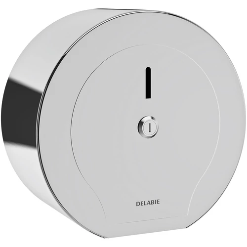 DELABIE ipari nagytekercses WC-papír adagoló 200m tekercsekhez, D=245mm, zárható, vandálbiztos r.m. acél ház, fényes