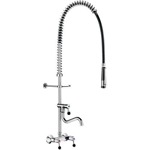 DELABIE fali nagykonyhai mosogató csaptelep szett lengő kifolyóval, rugó megerősítésű antitorziós elő-öblítő zuhannyal, hideg-meleg vízre