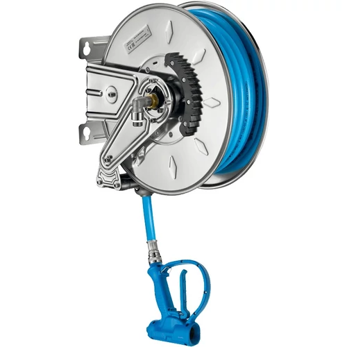 DELABIE nagynyomású automata tömlődob rozsdamentes házzal, L=15m flexibilis csővel, kézi öblítőpisztollyal, 23L/perc