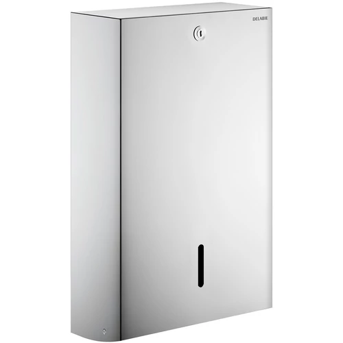 DELABIE vandálbiztos C/Z hajtott kéztörlő adagoló, 1mm vastag, fényes r.m. acél ház, zárható, akár 750 lap kapacitás