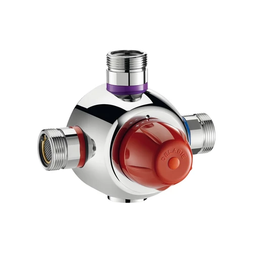 DN25 1" biztonsági cirkulációs termosztatikus keverőszelep DELABIE Premix Security, szűrőkkel és visszacsapó szelepekkel, 44-58°C, 20-70L/p