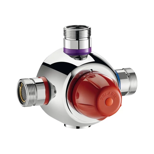 DN32 5/4" biztonsági cirkulációs termosztatikus keverőszelep DELABIE Premix Security, szűrőkkel és visszacsapó szelepekkel, 44-58°C, 30-110L/p