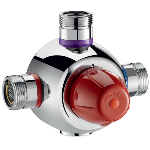 DN40 6/4" biztonsági cirkulációs termosztatikus keverőszelep DELABIE Premix Security, szűrőkkel és visszacsapó szelepekkel, 44-58°C, 40-150L/p