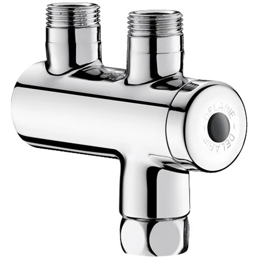 DELABIE Premix Nano termokeverő használati melegvízhez, DN10, F3/8" forró víz, M3/8" hideg víz, M3/8" kevert ág, szűrők, visszacsapó szelepek, 34-60°C, 3-12L/p, króm