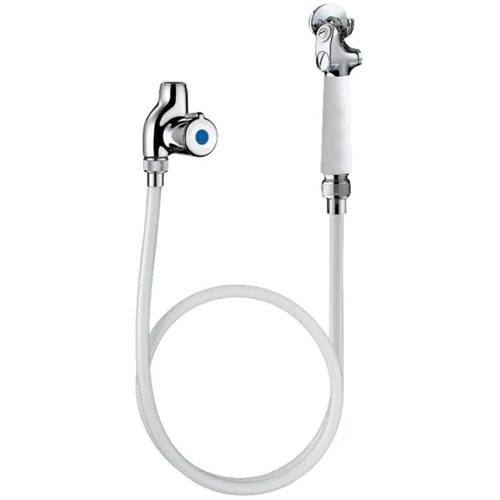 DELABIE ágytál mosó zuhanyszett elzárócsappal, nyomógombos öblítő zuhannyal, fali akasztókonzollal, 800 mm-es PVC tömlővel, kevert vízre