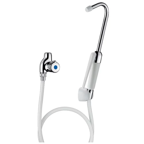 DELABIE ágytál mosó zuhanyszett elzárócsappal, nyomógombos öblítő zuhannyal, ívelt kifolyóval, fali akasztókonzollal, 800 mm-es PVC tömlővel, kevert vízre