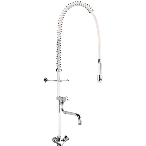 DELABIE álló nagykonyhai mosogató csap lengő kifolyóval, r.m. acél rugóval megerősített antitorziós, fehér PVC tömlős elő-öblítő zuhannyal