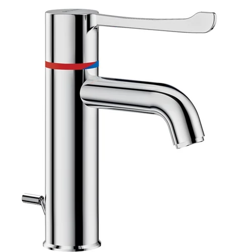 DELABIE SECURITHERM forrázásgátlós álló mosdócsap szekvenciális karral, ívelt kifolyó, H-M víz, H=95mm, leeresztőszerep