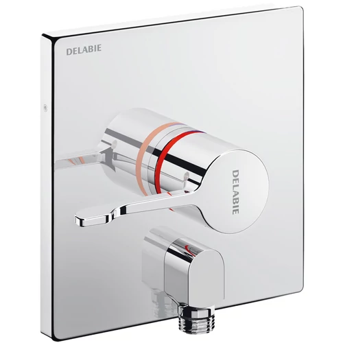 DELABIE SECURITHERM beépített, hosszított szekvenciális keverőkaros zuhany csaptelep előlap falon kívüli könyök vízkivezetéssel, visszacsapószelep nélküli, kit 2/2