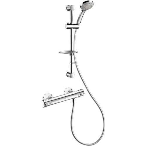 DELABIE SECURITHERM Dual Control falon kívüli termosztatikus zuhanyszett forrázásgátlós hőfok-állítóval és átfolyás-szabályzóval, 9L/p, kézizuhany, szappantartós zuhanyrúd, STOP/CHECK csatlakozók