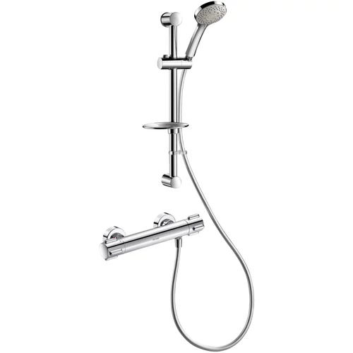 DELABIE SECURITHERM Dual Control falon kívüli termosztatikus zuhanyszett forrázásgátlós hőfok-állítóval és átfolyás-szabályzóval, 9L/p, kézizuhany, szappantartós zuhanyrúd, sima csatlakozók