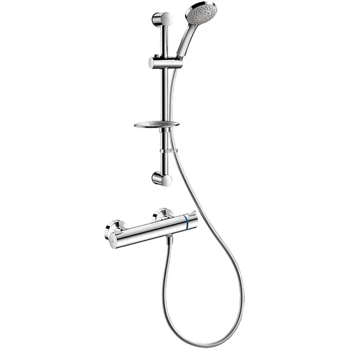 DELABIE SECURITHERM Securitouch termosztatikus zuhanyszett, ERGO tekerőfejek, L=1,5m gégecsöves kézizuhany, rúd, szappantartó, STOP/CHECK