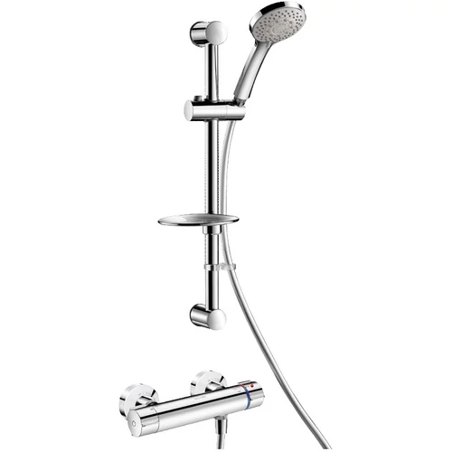 DELABIE SECURITHERM Securitouch termosztatikus zuhanyszett, L=1,5m gégecsöves esőztető kézi zuhany, rúd, szappantartó, STOP/CHECK