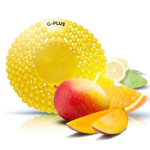 G-PLUS Citrus Mango - citrus - mangó illatosított piszoár rács húgykő- vízkőlazító enzimmel, extra nagy teljesítményű, fröccsenésgátló buborékok és célzó sörték, D=194mm, 60 napos