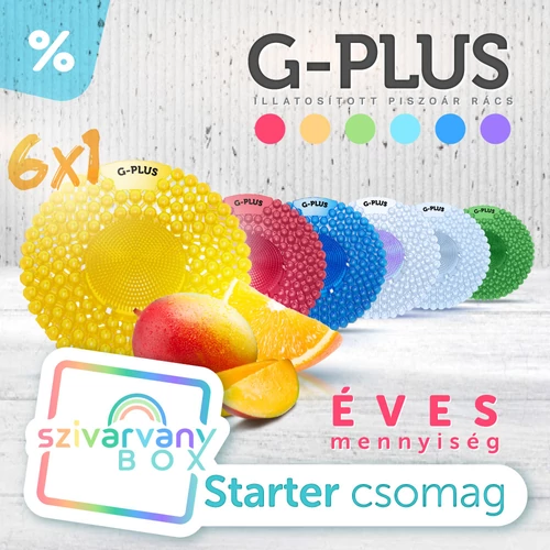G-PLUS szivárvány BOX kezdő csomag - 6db G-PLUS enzimköves piszoár rács, 6 külön illat, 1db/illat, 1 éves mennyiség