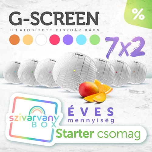 G-Screen szivárvány BOX kezdő csomag - 14db G-Screen piszoár rács, 7 külön illat, 2db/illat, 1 éves mennyiség
