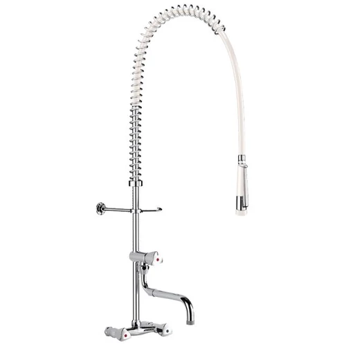 DELABIE fali nagykonyhai mosogató csap lengő kifolyóval, r.m. acél rugóval megerősített antitorziós, fehér PVC tömlős elő-öblítő zuhannyal