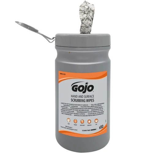 GOJO nedves ipari kéztörlő és felülettörlő kendő, 270x200mm lapméret, citrus illat, 80db/tégely, kéztisztító hatás 4/5