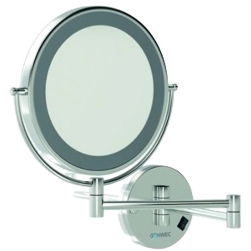 Szállodai kozmetikai pipere tükör LED fénnyel, 3x nagyítással, D=215mm dönthető tükörrel, kihajtható, kerek, krómozott sárgaréz