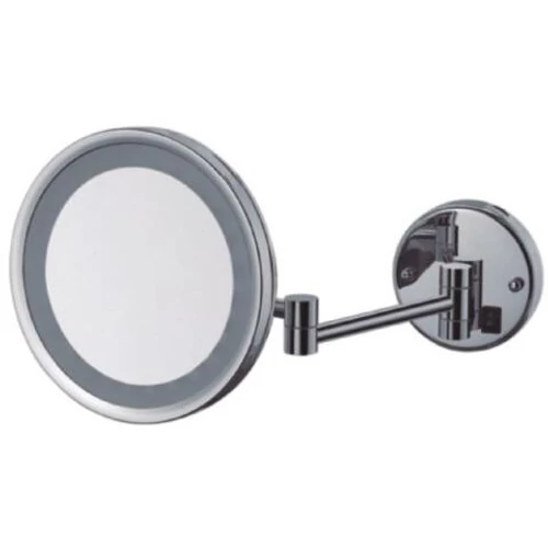 Szállodai kozmetikai pipere tükör LED fénnyel, 3x-os nagyítással, 250 mm átmérőjű dönthető tükörrel, kihajtható, kerek forma, sárgaréz, krómozott fényes borítással