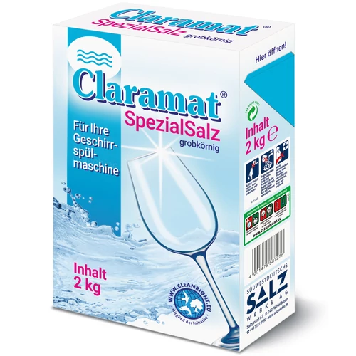 Claramat SpecialSalz regeneráló só, durva szemcsés vízlágyító só granulátum mosogatógépekbe, EasyFill papírdobozban, 2kg/doboz