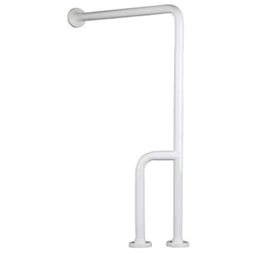 90°-os falra és padlóra rögzített kapaszkodó, fehér, csavartakaró gyűrűvel, jobbos