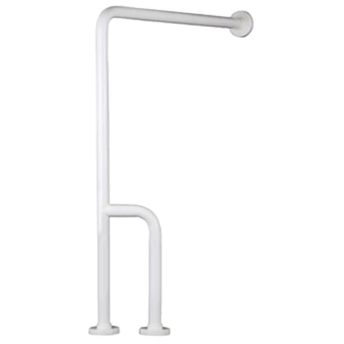 90°-os falra és padlóra rögzített kapaszkodó, fehér, csavartakaró gyűrűvel, balos