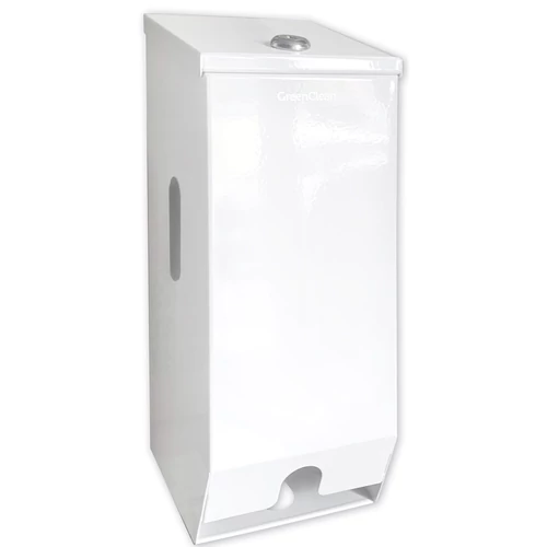 Kistekercses WC-papír adagoló 2 tekercshez, függőleges, szögletes, felülről tölthető, zárható, acél, fehér