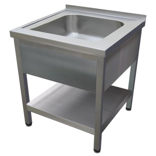600mm 1 medencés nagykonyhai mosogató 500x600x300mm medencével, lábra állítva, takaróköpennyel, polccal, r.m. acél
