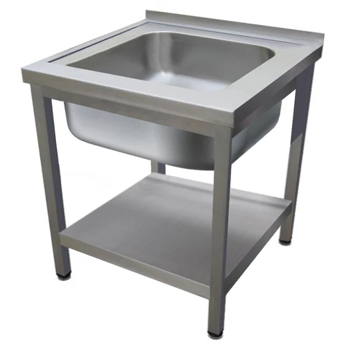 600mm 1 medencés nagykonyhai mosogató 500x600x300mm medencével, lábra állítva, polccal, r.m. acél