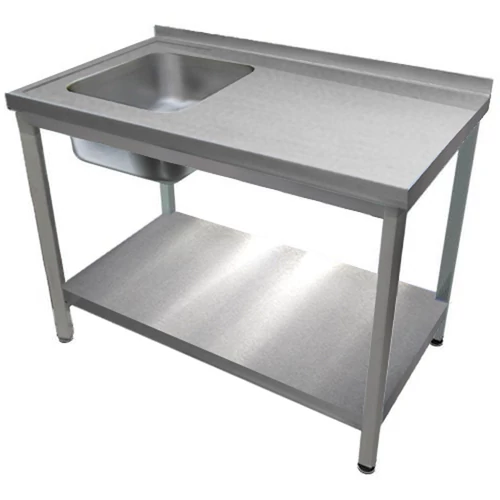 1000mm 1 medencés nagykonyhai mosogató jobb oldali csepegtetővel, 500x500x300mm medencével, lábra állítva, polccal, r.m. acél