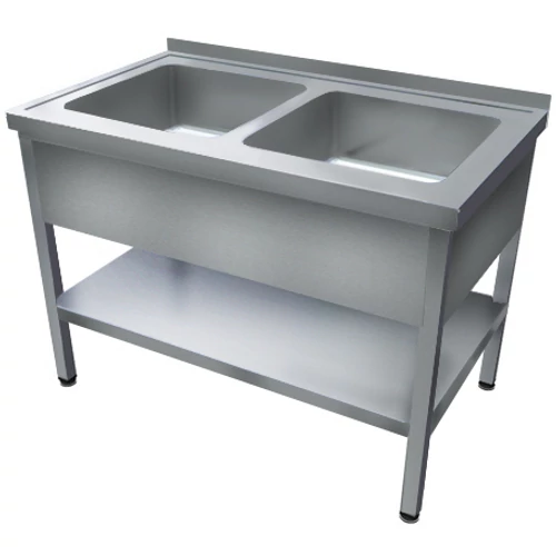 1000mm 2 medencés nagykonyhai mosogató 400x400x250mm medencékkel, lábra állítva, takaróköpennyel, polccal, r.m. acél